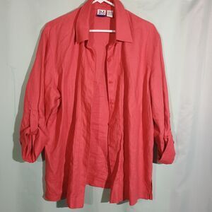 JM Collection Coral Linen Button-Up Blouse – Women’s Roll Sleeve Casual Shirt